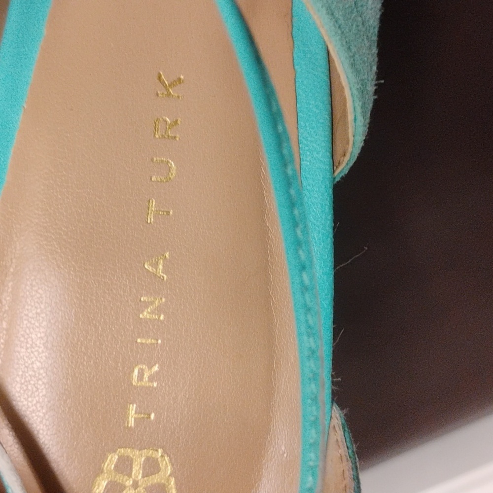 Trina Turk Turquoise Suede Leather Lace up Ankle Wrap Wedge Sandals - Picture 12 of 12